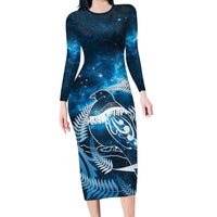 New Zealand Matariki Long Sleeve Bodycon Dress Pigeon Kereru Maori Fern Art LT05 Long Dress Blue - Polynesian Pride