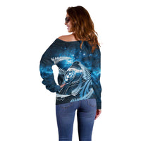 New Zealand Matariki Off Shoulder Sweater Pigeon Kereru Maori Fern Art