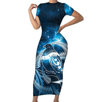 New Zealand Matariki Short Sleeve Bodycon Dress Pigeon Kereru Maori Fern Art LT05 Long Dress Blue - Polynesian Pride