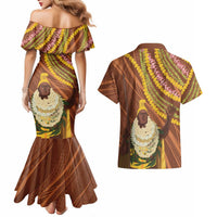Hawaii King Kamehameha Couples Matching Mermaid Dress and Hawaiian Shirt Hawaiian Kakau Pattern With Leis
