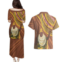 Hawaii King Kamehameha Couples Matching Puletasi and Hawaiian Shirt Hawaiian Kakau Pattern With Leis