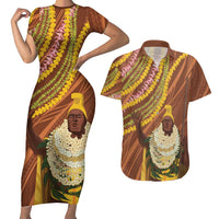 Hawaii King Kamehameha Couples Matching Short Sleeve Bodycon Dress and Hawaiian Shirt Hawaiian Kakau Pattern With Leis