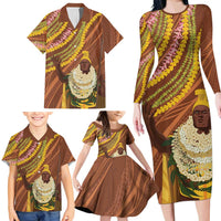 Hawaii King Kamehameha Family Matching Long Sleeve Bodycon Dress and Hawaiian Shirt Hawaiian Kakau Pattern With Leis LT05 - Polynesian Pride