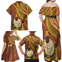 Hawaii King Kamehameha Family Matching Off Shoulder Maxi Dress and Hawaiian Shirt Hawaiian Kakau Pattern With Leis LT05 - Polynesian Pride