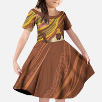 Hawaii King Kamehameha Family Matching Summer Maxi Dress and Hawaiian Shirt Hawaiian Kakau Pattern With Leis LT05 Daughter's Dress Brown - Polynesian Pride