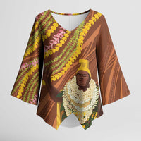 Hawaii King Kamehameha Kimono Sleeve Blouse Hawaiian Kakau Pattern With Leis