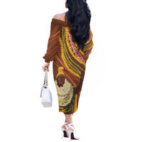 Hawaii King Kamehameha Off The Shoulder Long Sleeve Dress Hawaiian Kakau Pattern With Leis