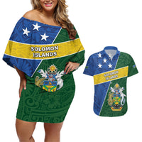 Personalised Solomon Islands Independence Day Couples Matching Off Shoulder Short Dress and Hawaiian Shirt With Coat Of Arms LT05 Green - Polynesian Pride