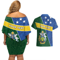 Personalised Solomon Islands Independence Day Couples Matching Off Shoulder Short Dress and Hawaiian Shirt With Coat Of Arms LT05 - Polynesian Pride
