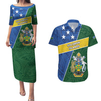 Personalised Solomon Islands Independence Day Couples Matching Puletasi and Hawaiian Shirt With Coat Of Arms LT05 Green - Polynesian Pride
