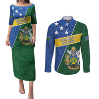 Personalised Solomon Islands Independence Day Couples Matching Puletasi and Long Sleeve Button Shirt With Coat Of Arms LT05 Green - Polynesian Pride