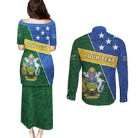Personalised Solomon Islands Independence Day Couples Matching Puletasi and Long Sleeve Button Shirt With Coat Of Arms LT05 - Polynesian Pride