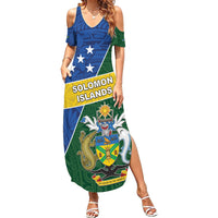 Personalised Solomon Islands Independence Day Summer Maxi Dress With Coat Of Arms LT05 Women Green - Polynesian Pride