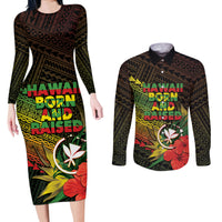 Personalized Hawaii Born and Raised Couples Matching Long Sleeve Bodycon Dress and Long Sleeve Button Shirt Kanaka Maoli Flag Day