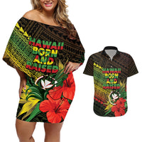 Personalized Hawaii Born and Raised Couples Matching Off Shoulder Short Dress and Hawaiian Shirt Kanaka Maoli Flag Day LT05 Reggae - Polynesian Pride