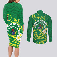 Cook Islands Happy Constitution Day Couples Matching Long Sleeve Bodycon Dress and Long Sleeve Button Shirt Pattern Tribal Art