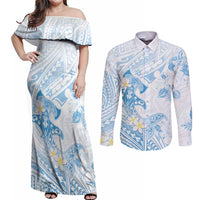 Polynesia Hammerhead Shark Couples Matching Off Shoulder Maxi Dress and Long Sleeve Button Shirt Tropical Flowers Tribal Pattern Blue