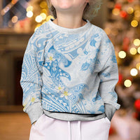 Polynesia Hammerhead Shark Kid Ugly Christmas Sweater Tropical Flowers Tribal Pattern Blue