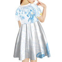 Polynesia Hammerhead Shark Kid Short Sleeve Dress Tropical Flowers Tribal Pattern Blue