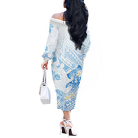 Polynesia Hammerhead Shark Off The Shoulder Long Sleeve Dress Tropical Flowers Tribal Pattern Blue