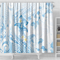 Polynesia Hammerhead Shark Shower Curtain Tropical Flowers Tribal Pattern Blue