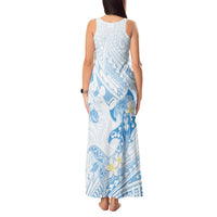 Polynesia Hammerhead Shark Tank Maxi Dress Tropical Flowers Tribal Pattern Blue