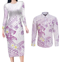 Polynesia Hammerhead Shark Couples Matching Long Sleeve Bodycon Dress and Long Sleeve Button Shirt Tropical Flowers Tribal Pattern Lavender