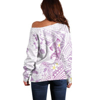 Polynesia Hammerhead Shark Off Shoulder Sweater Tropical Flowers Tribal Pattern Lavender