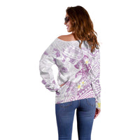 Polynesia Hammerhead Shark Off Shoulder Sweater Tropical Flowers Tribal Pattern Lavender