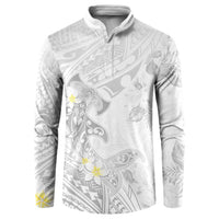 Polynesia Hammerhead Shark Button Sweatshirt Tropical Flowers Tribal Pattern White LT05 White - Polynesian Pride