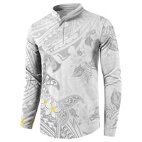 Polynesia Hammerhead Shark Button Sweatshirt Tropical Flowers Tribal Pattern White LT05 - Polynesian Pride