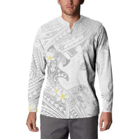 Polynesia Hammerhead Shark Button Sweatshirt Tropical Flowers Tribal Pattern White LT05 - Polynesian Pride