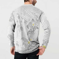 Polynesia Hammerhead Shark Button Sweatshirt Tropical Flowers Tribal Pattern White LT05 - Polynesian Pride