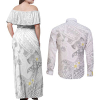 Polynesia Hammerhead Shark Couples Matching Off Shoulder Maxi Dress and Long Sleeve Button Shirt Tropical Flowers Tribal Pattern White