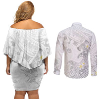 Polynesia Hammerhead Shark Couples Matching Off Shoulder Short Dress and Long Sleeve Button Shirt Tropical Flowers Tribal Pattern White