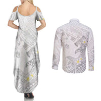 Polynesia Hammerhead Shark Couples Matching Summer Maxi Dress and Long Sleeve Button Shirt Tropical Flowers Tribal Pattern White