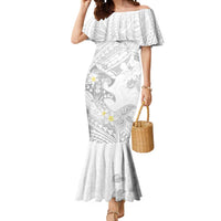 Polynesia Hammerhead Shark Mermaid Dress Tropical Flowers Tribal Pattern White LT05 Women White - Polynesian Pride