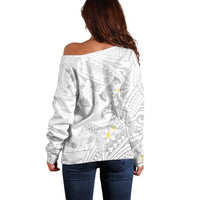 Polynesia Hammerhead Shark Off Shoulder Sweater Tropical Flowers Tribal Pattern White