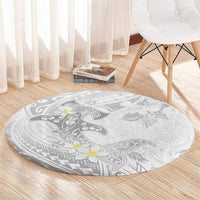 Polynesia Hammerhead Shark Round Carpet Tropical Flowers Tribal Pattern White