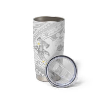 Polynesia Hammerhead Shark Tumbler Cup Tropical Flowers Tribal Pattern White