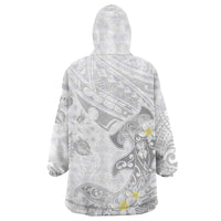 Polynesia Hammerhead Shark Wearable Blanket Hoodie Tropical Flowers Tribal Pattern White