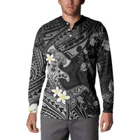 Polynesia Hammerhead Shark Button Sweatshirt Tropical Flowers Tribal Pattern Black LT05 - Polynesian Pride