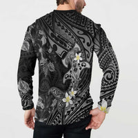 Polynesia Hammerhead Shark Button Sweatshirt Tropical Flowers Tribal Pattern Black LT05 - Polynesian Pride
