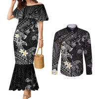 Polynesia Hammerhead Shark Couples Matching Mermaid Dress and Long Sleeve Button Shirt Tropical Flowers Tribal Pattern Black