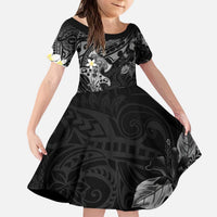 Polynesia Hammerhead Shark Family Matching Puletasi and Hawaiian Shirt Tropical Flowers Tribal Pattern Black LT05 Daughter's Dress Black - Polynesian Pride