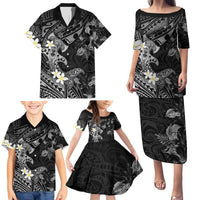 Polynesia Hammerhead Shark Family Matching Puletasi and Hawaiian Shirt Tropical Flowers Tribal Pattern Black LT05 - Polynesian Pride