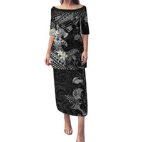 Polynesia Hammerhead Shark Family Matching Puletasi and Hawaiian Shirt Tropical Flowers Tribal Pattern Black LT05 Mom's Dress Black - Polynesian Pride