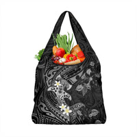 Polynesia Hammerhead Shark Grocery Bag Tropical Flowers Tribal Pattern Black