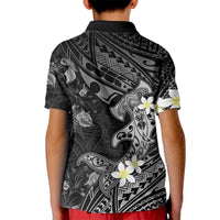 Polynesia Hammerhead Shark Kid Polo Shirt Tropical Flowers Tribal Pattern Black