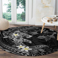 Polynesia Hammerhead Shark Round Carpet Tropical Flowers Tribal Pattern Black